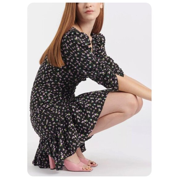 Tanya Taylor Black Floral Pansy Puff Sleeve V-Neck Ruched Flounce Silk Dress - Picture 2 of 12